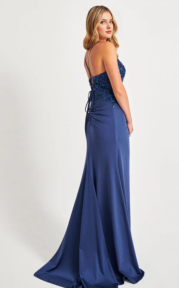 Thin shoulder strap V-neck sequined sleeveless side slit and floor length Prom dress